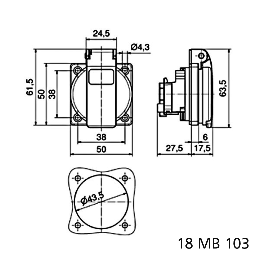 Bals 71118: Bals inbouw stopcontact voor paneelmontage blauw - 16A 2P+BA 230V IP54, flens 50x50, schroefloos drukcontact - Image 2