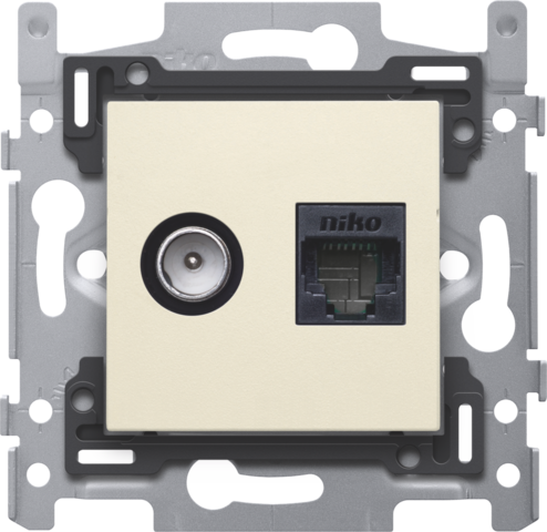 Niko 100-65358: Combinatie coax met RJ45 aansluiting UTP Cat6A, vlakke uitvoering 60x71sokkel en afwerkingsset cream. Goedgekeurd Telenet Interkabel en VOO.