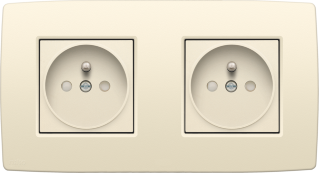 Niko 100-66125: Dubbel stopcontact horizontaal met penaarde en beschermingsafsluiters, inbouwdiepte 21 mm, incl. afdekplaat, insteekklemmen, cream