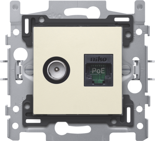Niko 100-66158: Combinatie coax met RJ45-aansluiting UTP Cat. 5E, klaar voor PoE++, vlakke uitvoering, incl. sokkel 60 x 71 mm met klauwbevestiging en afwerkingsset, cream Goedgekeurd Wyre (Telenet-Interkabel) en VOO