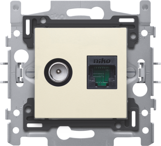 Niko 100-66258: Combinatie coax met RJ45-aansluiting UTP Cat. 6, klaar voor PoE++, vlakke uitvoering, incl. sokkel 60 x 71 mm met klauwbevestiging en afwerkingsset, cream Goedgekeurd Wyre (Telenet-Interkabel) en VOO