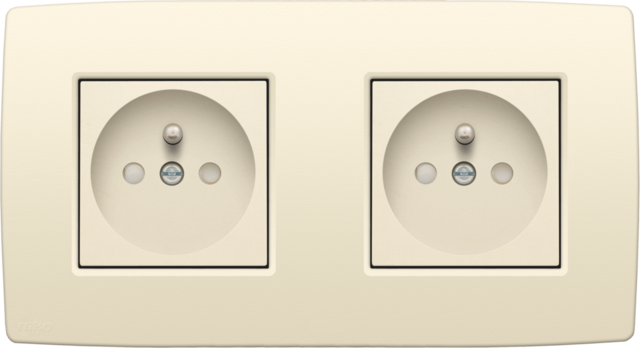 Niko 100-66625: Dubbel stopcontact horizontaal met penaarde, beschermingsafsluiters en insteekklemmen, inbouwdiepte 28,5 mm, incl. afdekplaat, cream