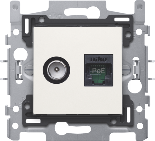 Niko 101-66158: Combinatie coax met RJ45-aansluiting UTP Cat. 5E, klaar voor PoE++, vlakke uitvoering, incl. sokkel 60 x 71 mm met klauwbevestiging en afwerkingsset, white Goedgekeurd Wyre (Telenet-Interkabel) en VOO