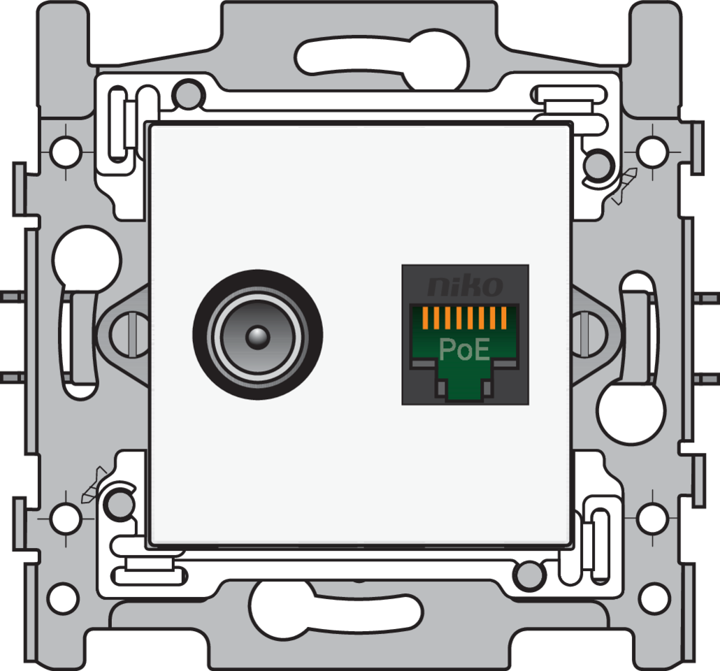 Niko 101-66158: Combinatie coax met RJ45-aansluiting UTP Cat. 5E, klaar voor PoE++, vlakke uitvoering, incl. sokkel 60 x 71 mm met klauwbevestiging en afwerkingsset, white Goedgekeurd Wyre (Telenet-Interkabel) en VOO - Image 2