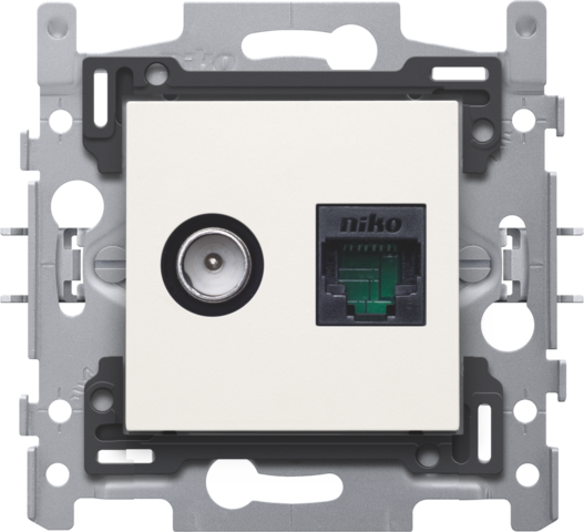 Niko 101-66258: Combinatie coax met RJ45-aansluiting UTP Cat. 6, klaar voor PoE++, vlakke uitvoering, incl. sokkel 60 x 71 mm met klauwbevestiging en afwerkingsset, white Goedgekeurd Wyre (Telenet-Interkabel) en VOO