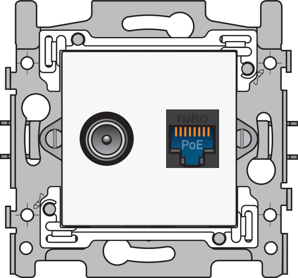 Niko 101-66258: Combinatie coax met RJ45-aansluiting UTP Cat. 6, klaar voor PoE++, vlakke uitvoering, incl. sokkel 60 x 71 mm met klauwbevestiging en afwerkingsset, white Goedgekeurd Wyre (Telenet-Interkabel) en VOO - Image 2