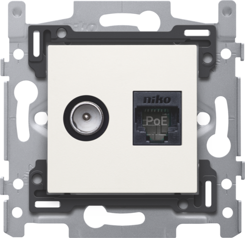 Niko 101-66358: Combinatie coax met RJ45-aansluiting UTP Cat. 6A, klaar voor PoE++, vlakke uitvoering, incl. sokkel 60 x 71 mm met klauwbevestiging en afwerkingsset, white Goedgekeurd Wyre (Telenet-Interkabel) en VOO