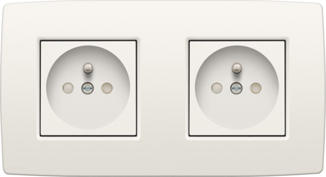 Niko 101-66625: Dubbel stopcontact horizontaal met penaarde, beschermingsafsluiters en insteekklemmen, inbouwdiepte 28,5 mm, incl. afdekplaat, white