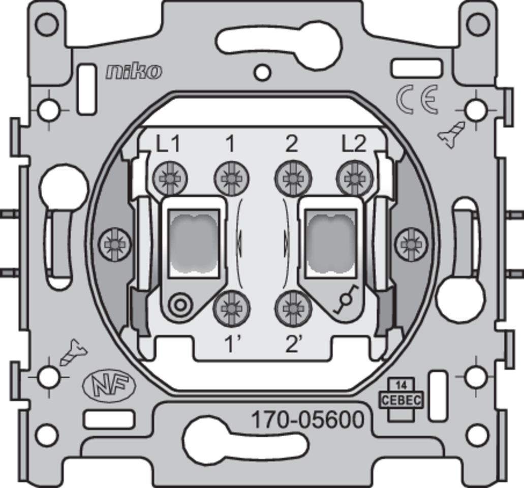 Niko 170-05600: Sokkel voor dubbele schakelaar: wisselschakelaar en drukknop N.O. of N.G., 10 AX/250 Vac, schroefklemmen - Image 2