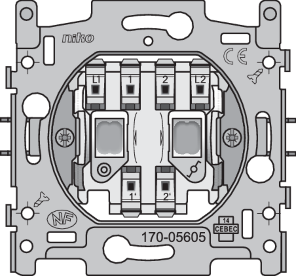 Niko 170-05605: Sokkel voor dubbele schakelaar: wisselschakelaar en drukknop N.O. of N.G., 10 AX/250 Vac, insteekklemmen - Image 2