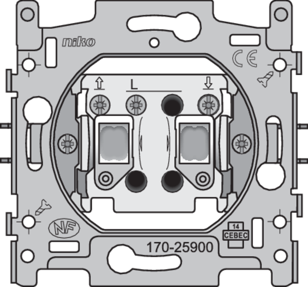 Niko 170-25900: Sokkel voor rolluikdrukknop voor elektronische sturingen, 10 A/250 Vac, schroefklemmen - Image 2