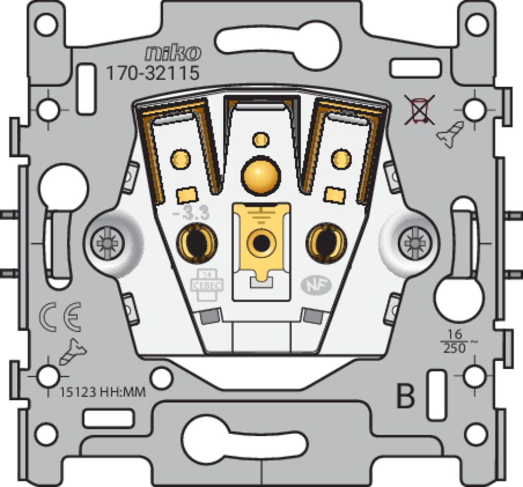 Niko 170-32105: Sokkel voor stopcontact met penaarde en beschermingsafsluiters, inbouwdiepte 21 mm, 16 A/250 Vac, insteekklemmen - Image 2