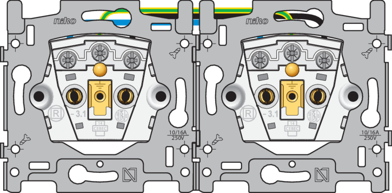 Niko 170-37701: Sokkel voor dubbel stopcontact horizontaal met penaarde en beschermingsafsluiters, inbouwdiepte 21 mm, schroefklemmen - Image 2