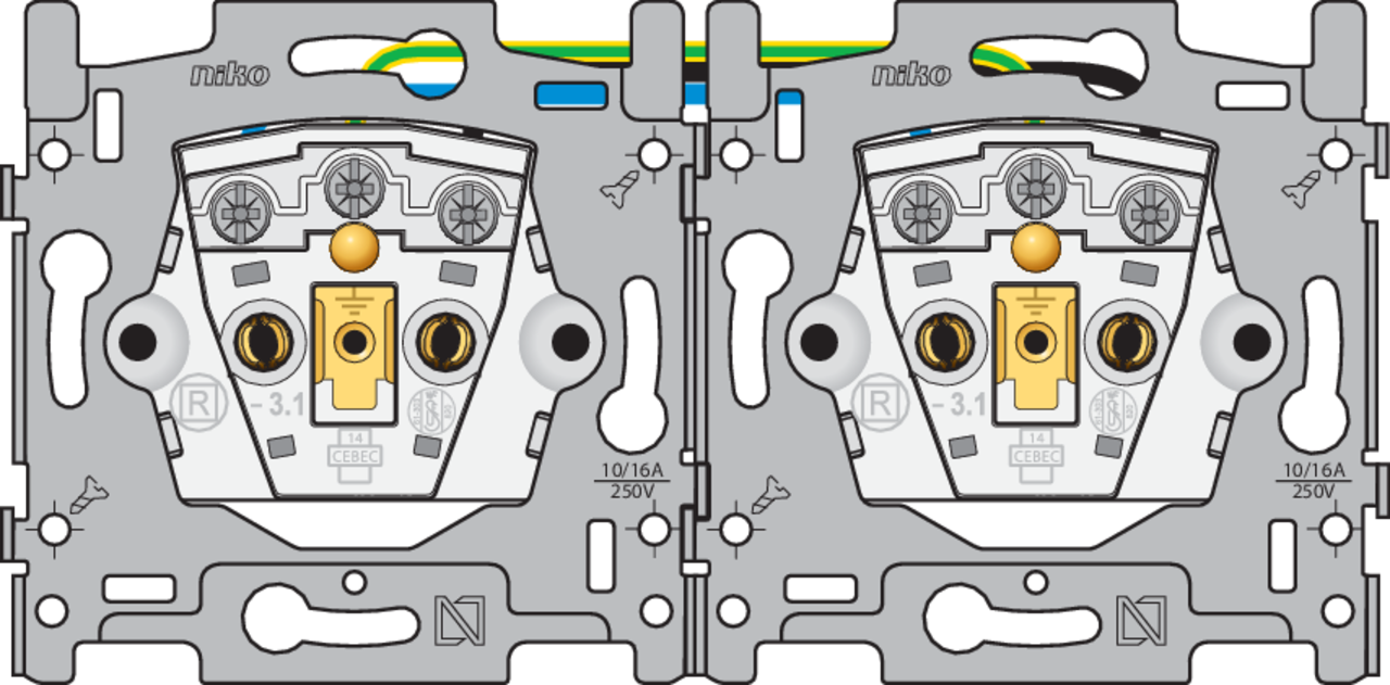 Niko 170-38701: Sokkel voor dubbel stopcontact horizontaal met penaarde en beschermingsafsluiters, inbouwdiepte 28,5 mm, schroefklemmen - Image 2