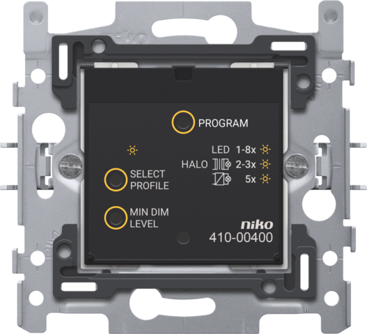 Niko 410-00400: Slimme universele drukknopdimmer met RF-zender en -ontvanger, 3-200 W, 2-draads, met klauwbevestiging.