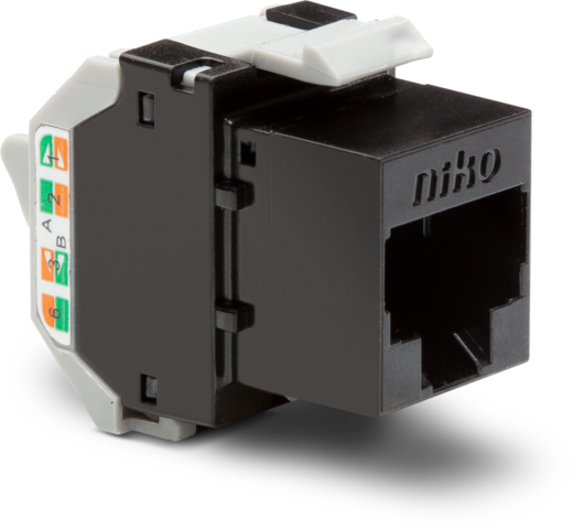 Niko 650-45072: Onafgeschermde RJ45-connector UTP Cat. 6A, klaar voor PoE++, voor bandbreedtes tot 500MHz