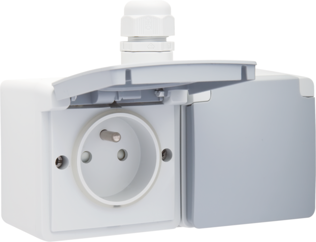 Spuitwaterdicht dubbel horizontaal stopcontact met penaarde,