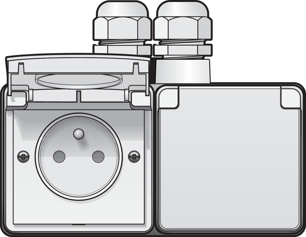 Niko 701-37749: Spuitwaterdicht dubbel horizontaal stopcontact met penaarde, beschermingsafsluiters en schroefklemmen – inclusief opbouwdoos met twee ingangen bovenaan, wit - Image 2
