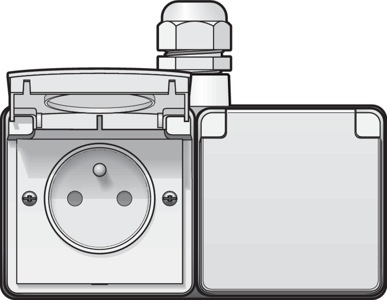 Niko 701-37753: Spuitwaterdicht dubbel horizontaal stopcontact met penaarde, beschermingsafsluiters en insteekklemmen – inclusief opbouwdoos met één ingang bovenaan, wit - Image 2