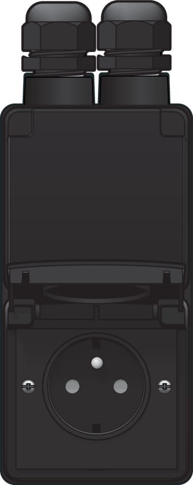 Niko 761-37735: Spuitwaterdicht dubbel verticaal stopcontact met penaarde, beschermingsafsluiters en insteekklemmen – inclusief opbouwdoos met twee ingangen bovenaan, zwart - Image 2