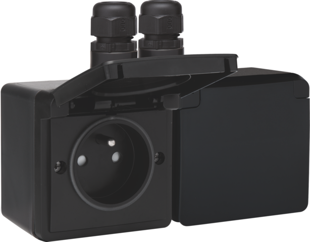 Spuitwaterdicht dubbel horizontaal stopcontact met penaarde,