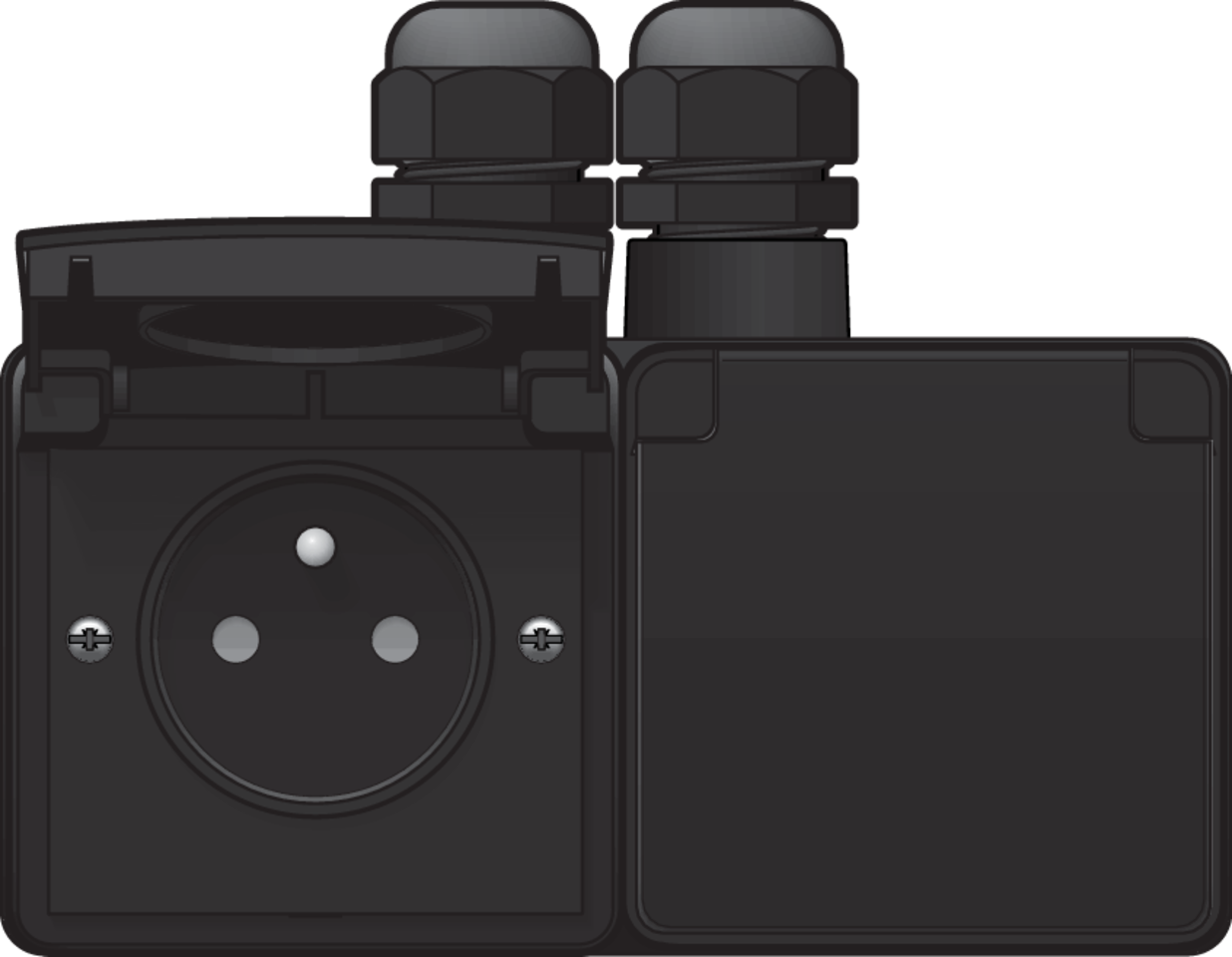 Niko 761-37749: Spuitwaterdicht dubbel horizontaal stopcontact met penaarde, beschermingsafsluiters en schroefklemmen – inclusief opbouwdoos met twee ingangen bovenaan, zwart - Image 2