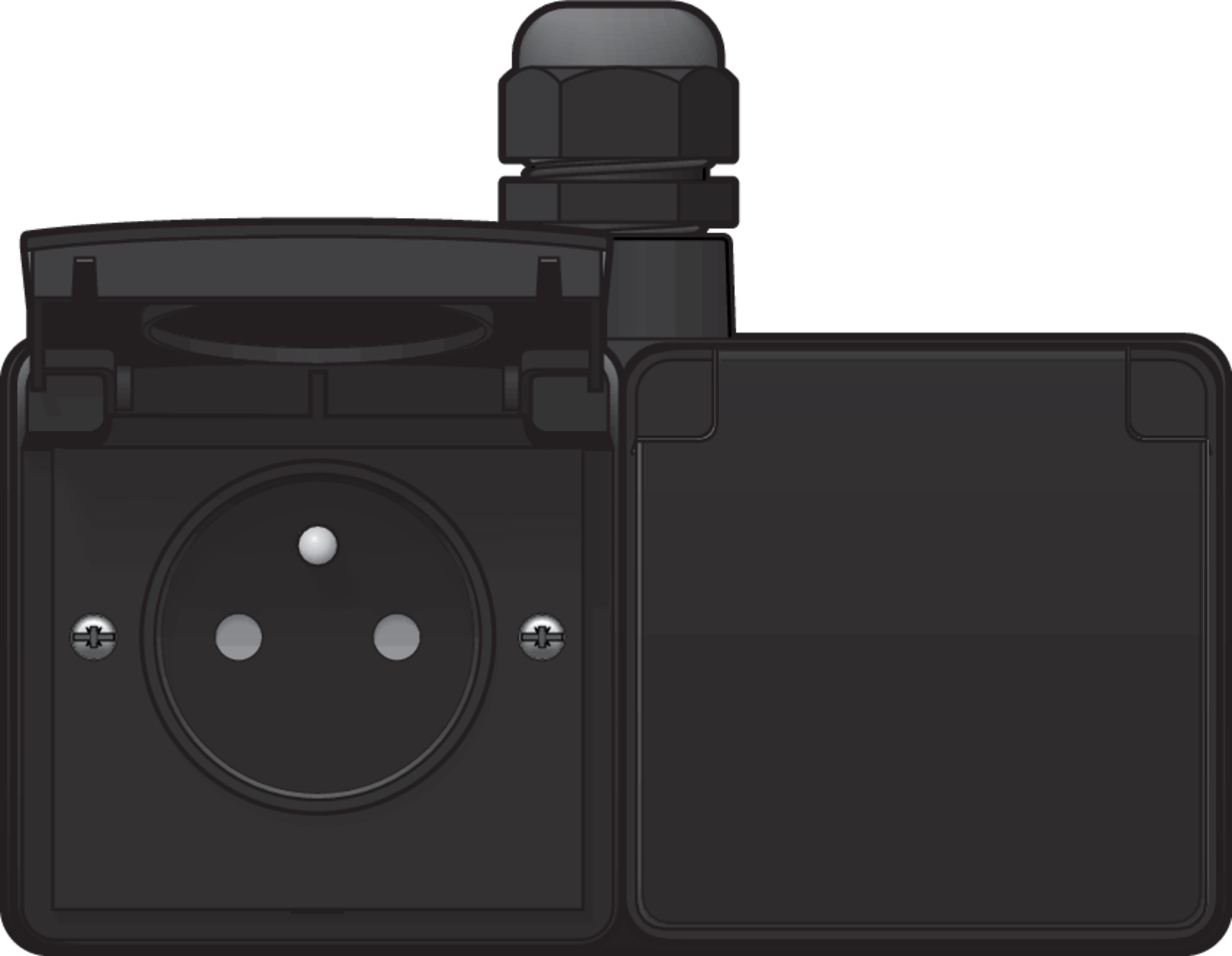 Niko 761-37753: Spuitwaterdicht dubbel horizontaal stopcontact met penaarde, beschermingsafsluiters en insteekklemmen – inclusief opbouwdoos met één ingang bovenaan, zwart - Image 2