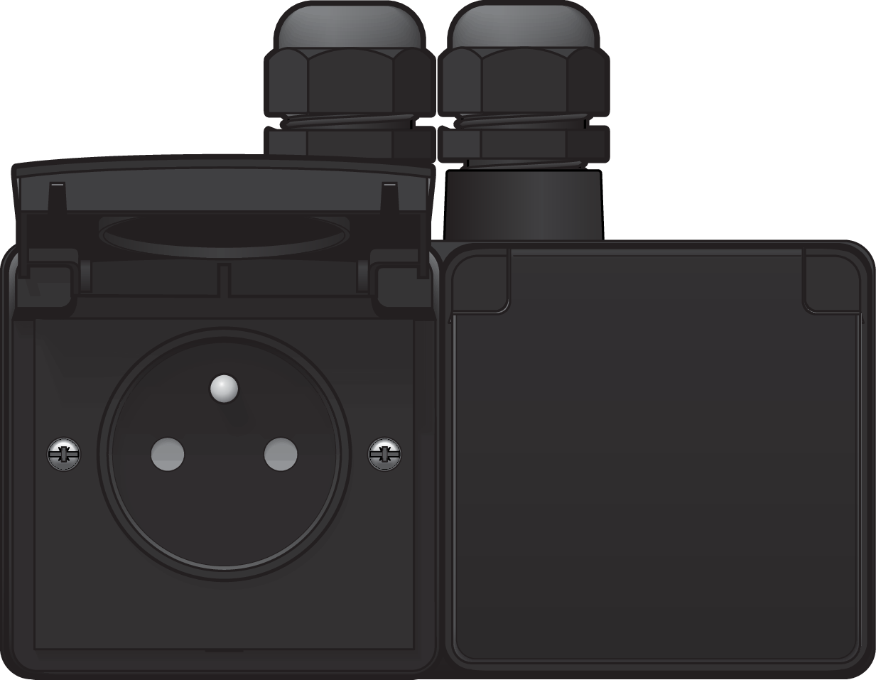 Niko 761-37754: Spuitwaterdicht dubbel horizontaal stopcontact met penaarde, beschermingsafsluiters en insteekklemmen – inclusief opbouwdoos met twee ingangen bovenaan, zwart - Image 2