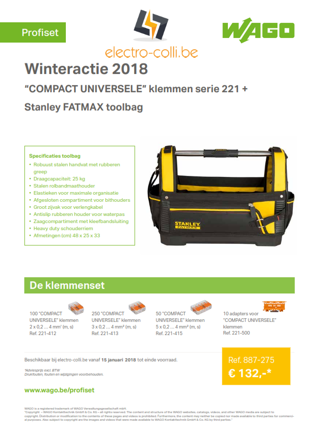 Wago 887-275: Winteractie 2018   “COMPACT UNIVERSELE” klemmen serie 221 + Stanley FATMAX toolbag
